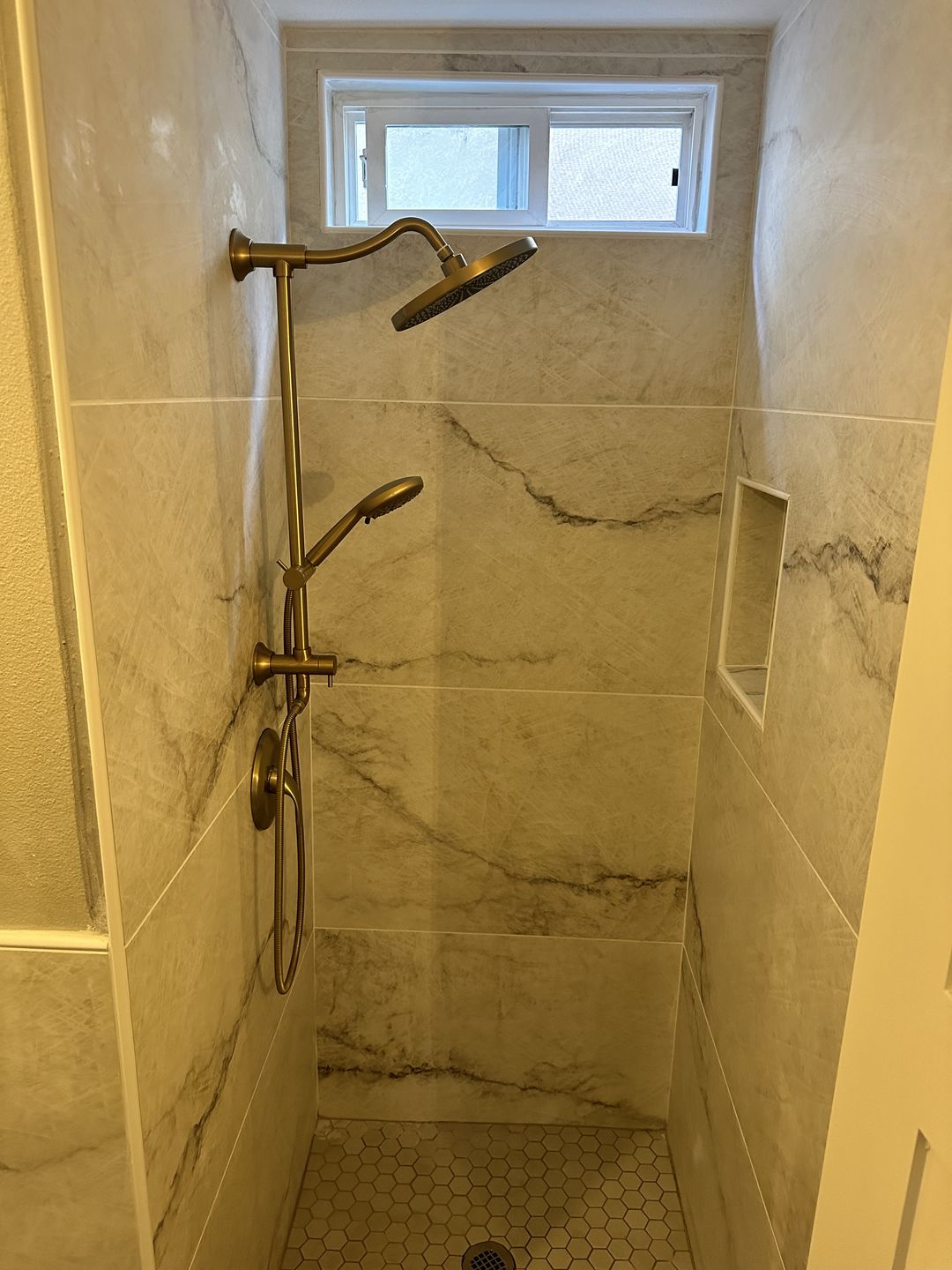 Customer photo review of Bathroom Rainfall Shower Faucet Set with 5-Setting Handheld Shower Included Rough-in Valve  JK0112