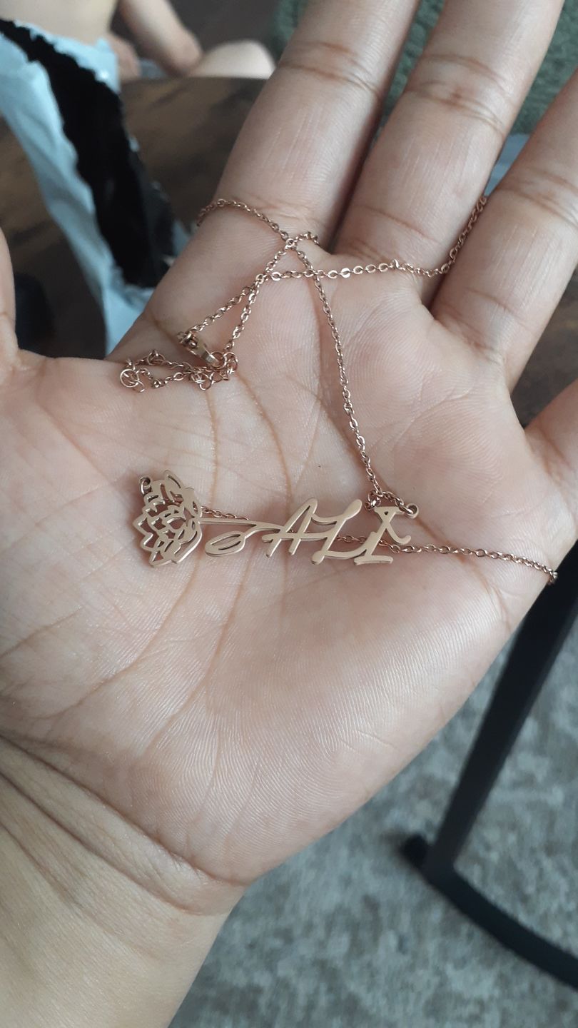 Customer photo review of Horizontal Birth Flower Name Necklace