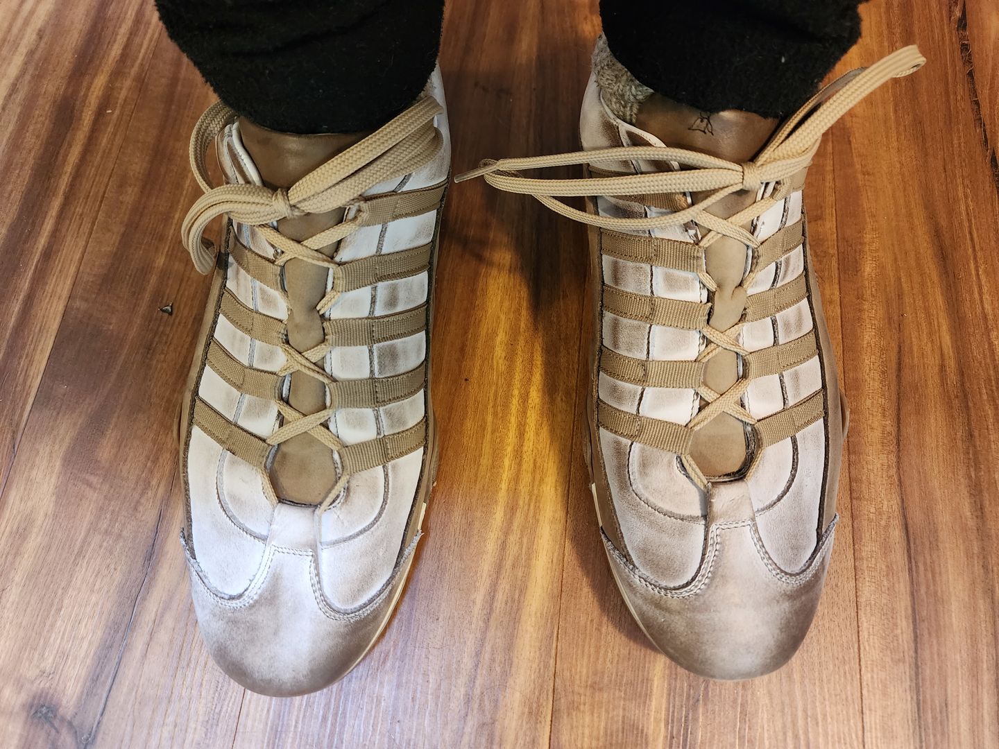 Customer photo review of Men's GrandPrix Sneaker in Torino (Soft White, Taupe, and Green)