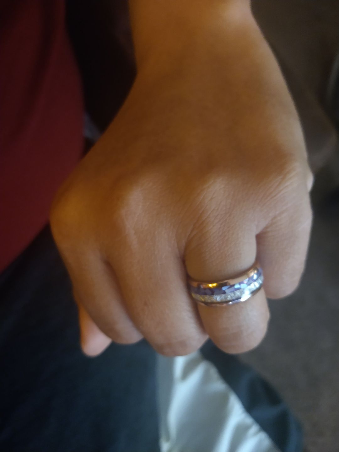 Customer photo review of 8mm- Rose Gold Arrow Ring, Tungsten Dome Ring, W/ Purple Agate & Meteorite Inlay