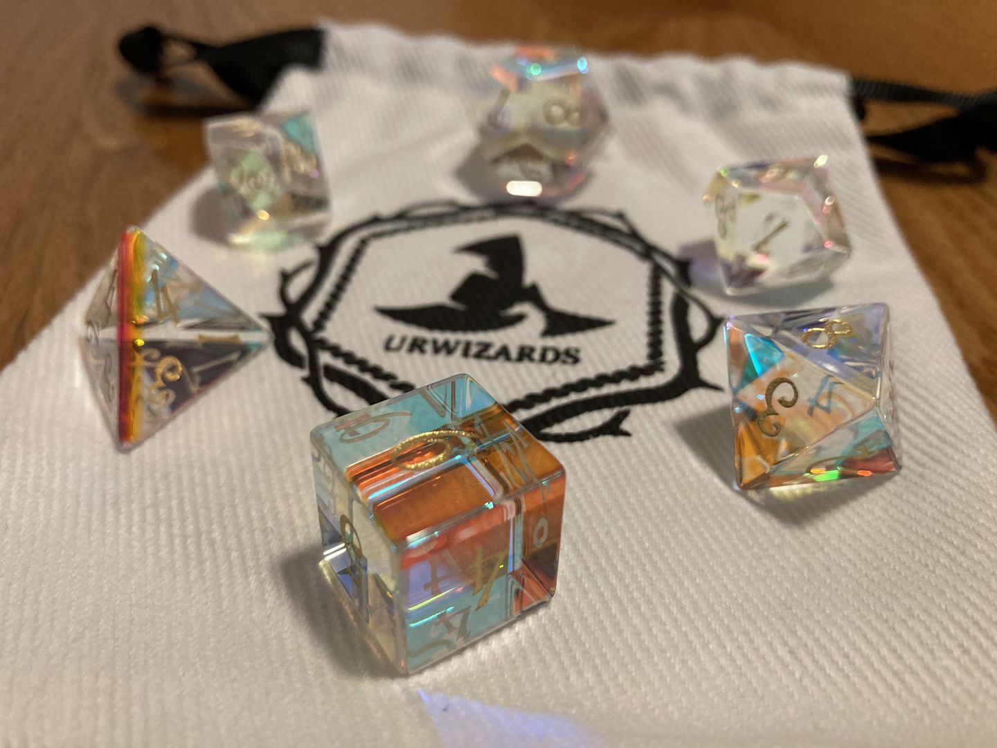Customer photo review of URWizards D&D Dichroic Prism Glass Gemstone Engraved Dice Set