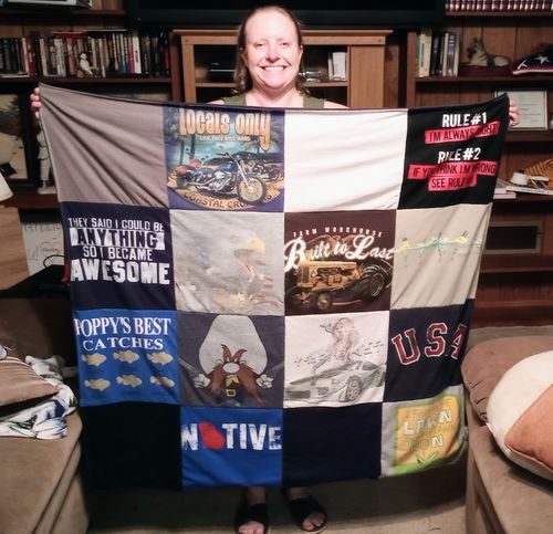 T-shirt quilt with motorcycling, fishing themes by Misty from SC