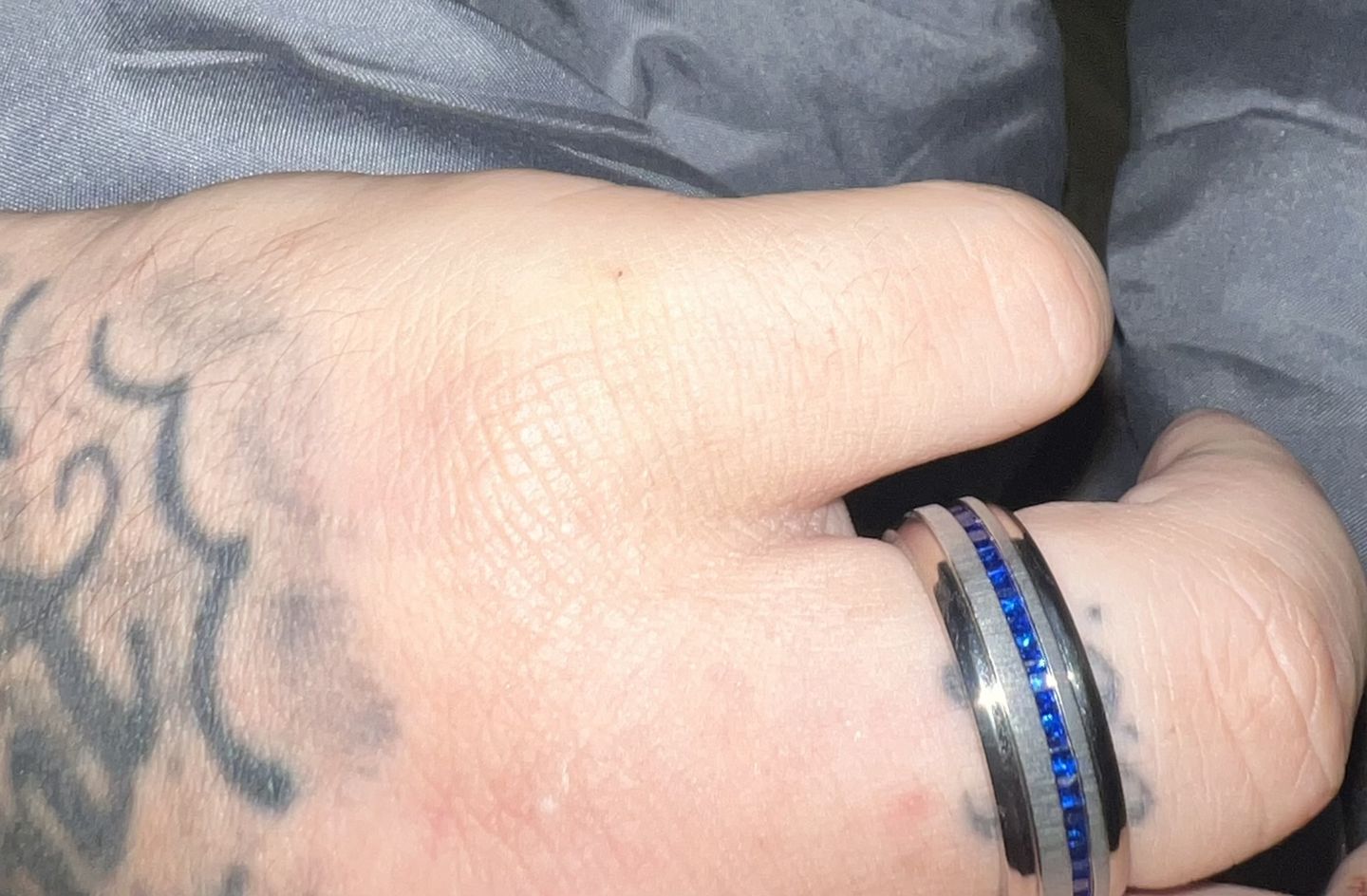Customer photo review of 8mm - Mens Titanium Wedding Band With Blue Sapphire Titanium Ring