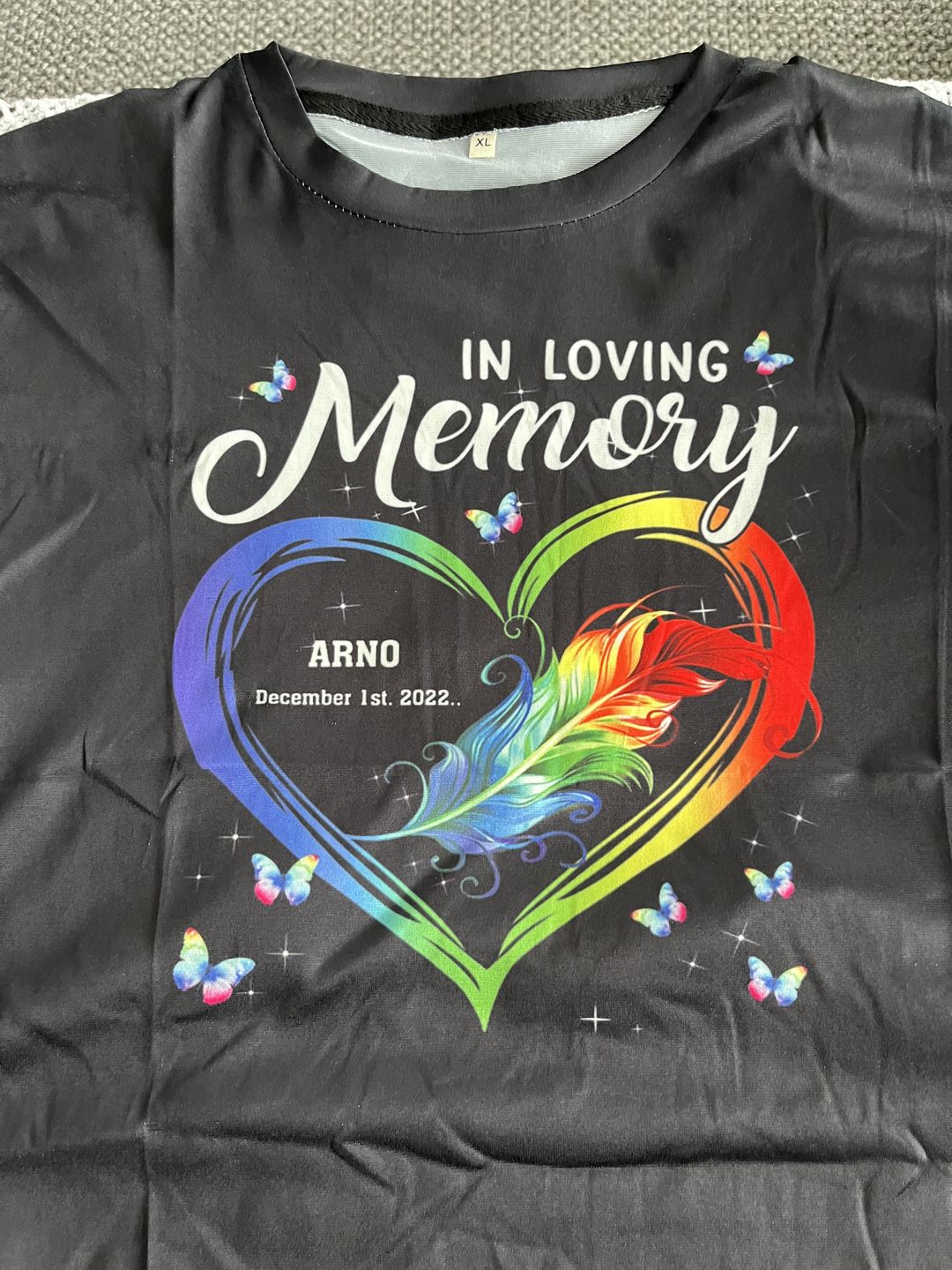 Customer photo review of In Loving Memory Heart Feather Butterfly Memorial Custom Gift T-shirt