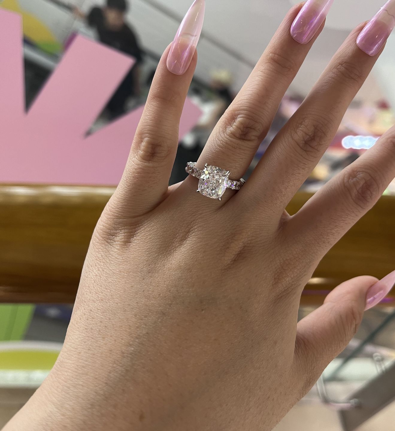Customer photo review of Louily Stunning Sterling Silver Crushed Ice Cushion Cut Engagement Ring