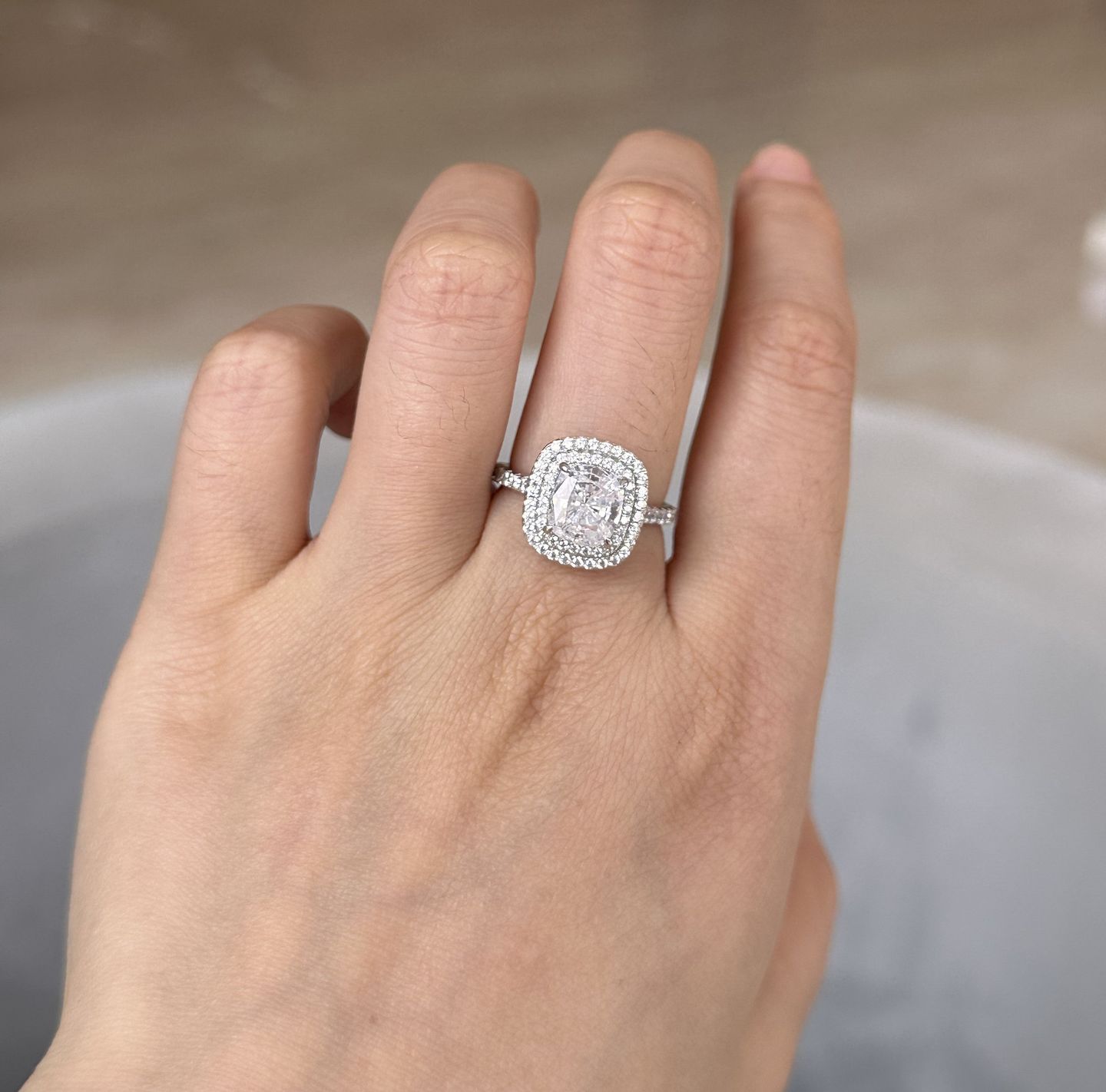 Customer photo review of Louily 2.0 Carat Double Halo Cushion Cut Engagement Ring In Sterling Silver