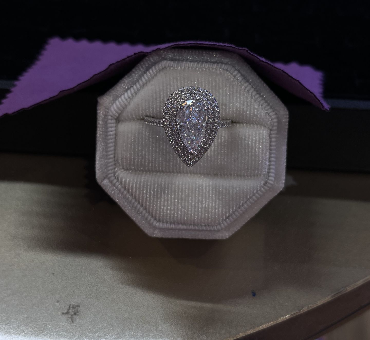 Customer photo review of Louily Double Halo Pear Cut Engagement Ring In Sterling Silver