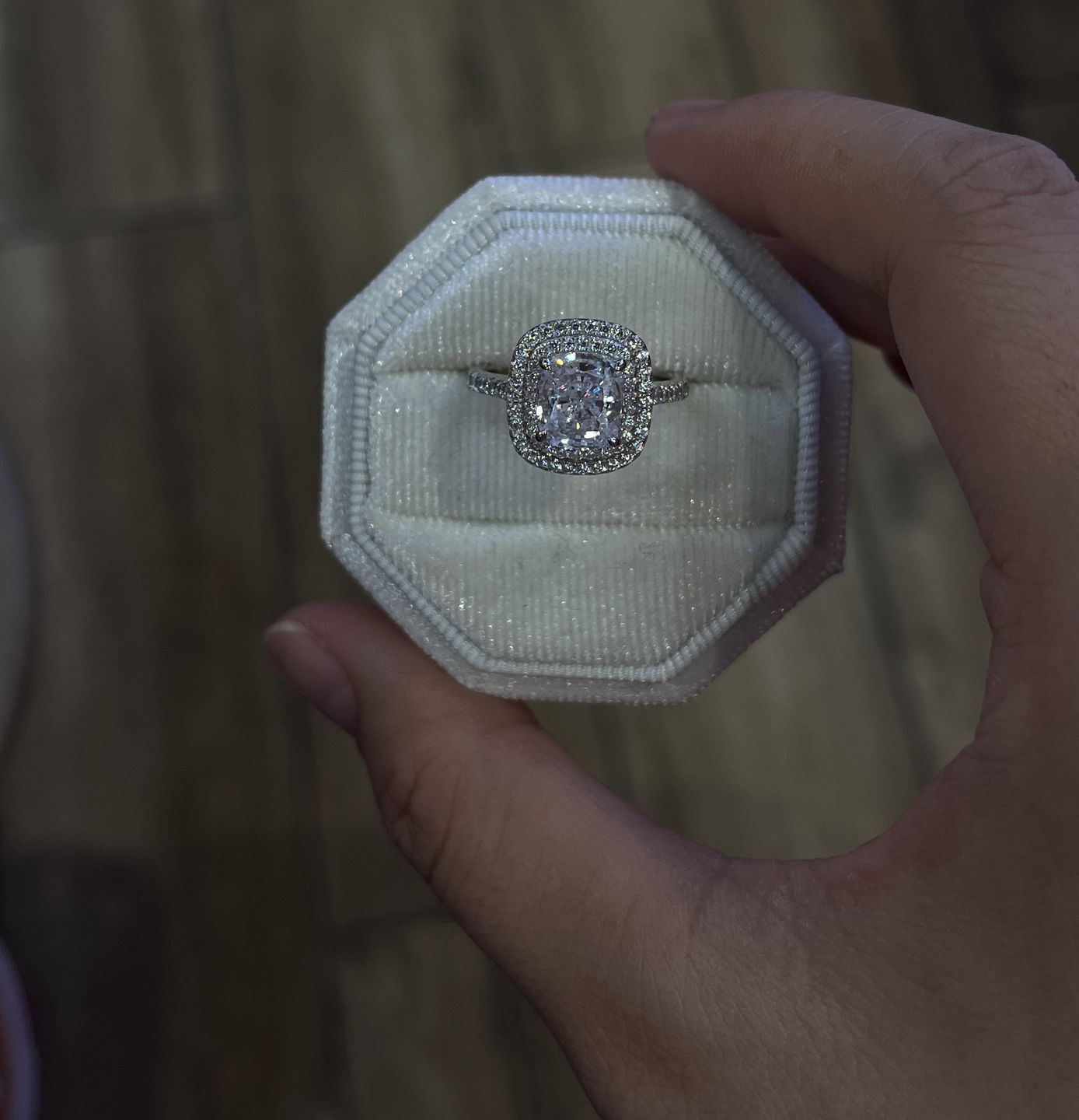 Customer photo review of Louily 2.0 Carat Double Halo Cushion Cut Engagement Ring In Sterling Silver
