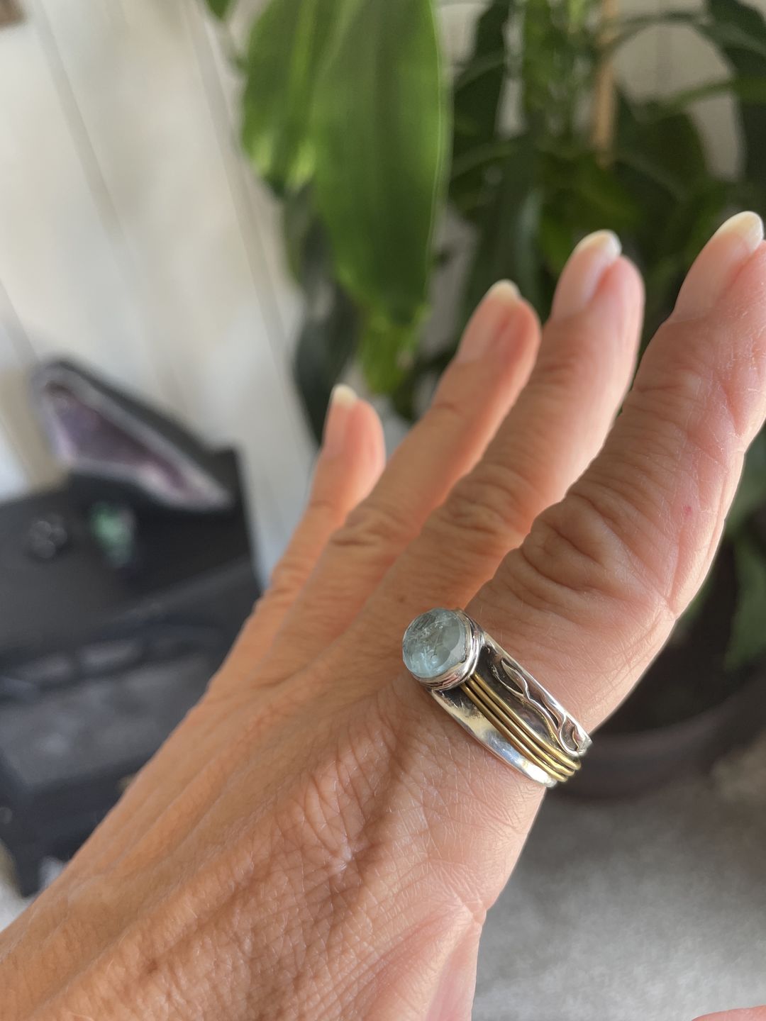 Customer photo review of Aquamarine Spinner Ring Inspired by Nature Sterling Silver