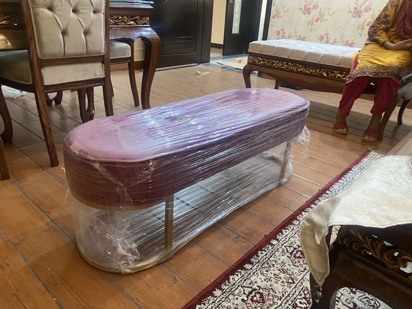 Customer photo review of 3 Seater Luxury Wooden Stool With Steel Stand -478