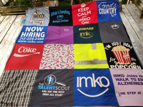 T-shirt quilt with employment, community service themes by Janet from IA