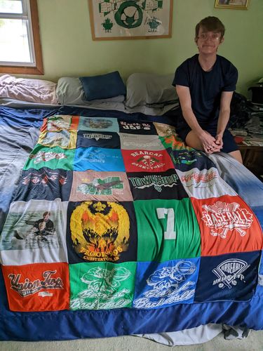 T-shirt quilt with sports, team activities themes by sonja from IN