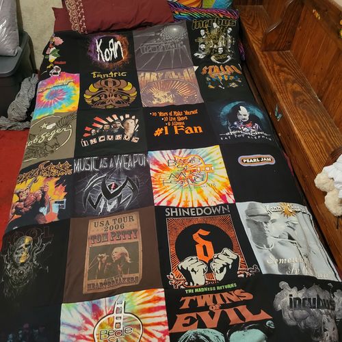 T-shirt quilt with music, concerts themes by Kayla from IN