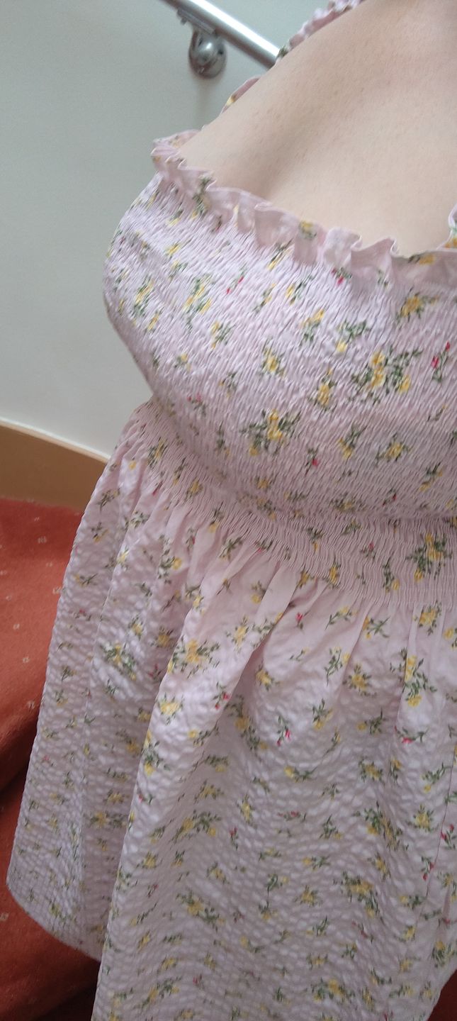 Customer photo review of Yellow and Pink Ditsy Flowers on Pink Seersucker Fabric