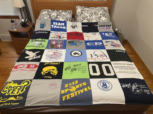 T-shirt quilt with gymnastics, sports themes by Christina from IL