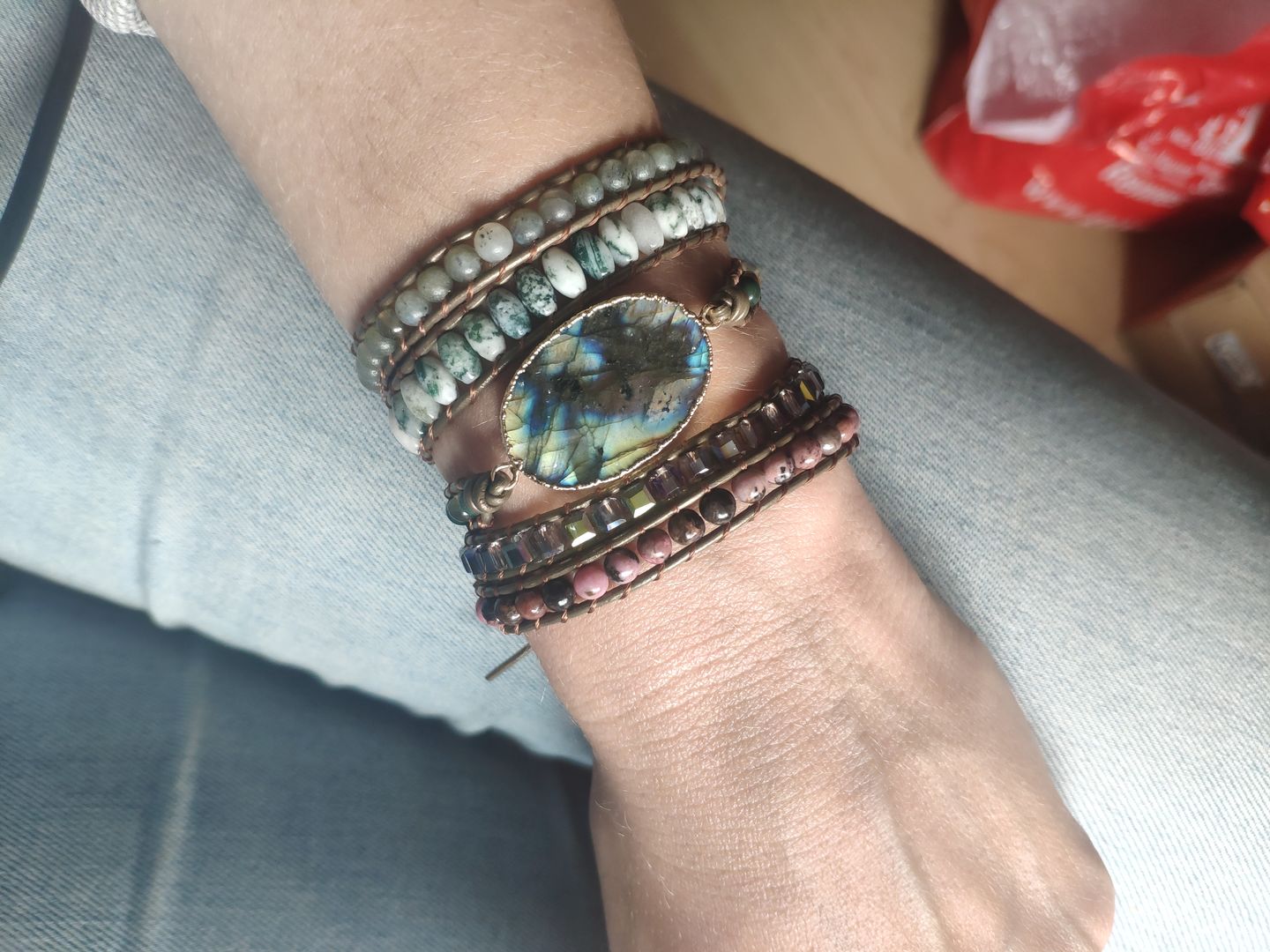 Customer photo review of Natural Labradorite Rhodochrosite & Moss Agate Beaded Wrap Bracelet