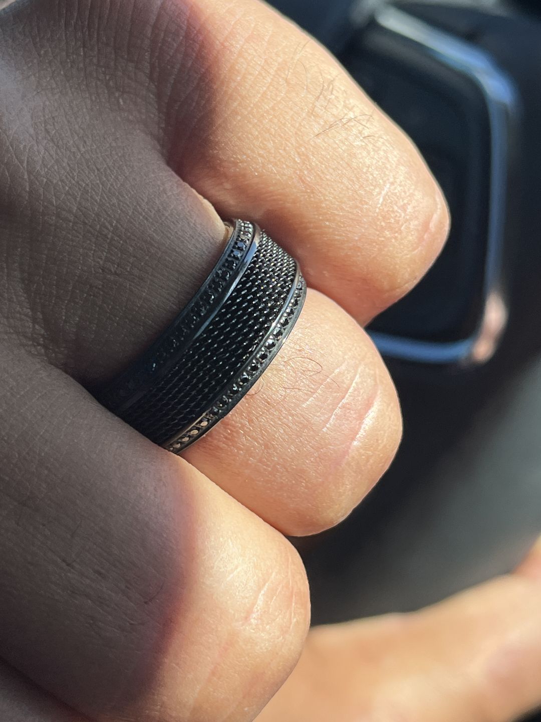 Customer photo review of 10mm KNIGHT Steel Chain Black Titanium Wedding Ring with Round Black Diamonds