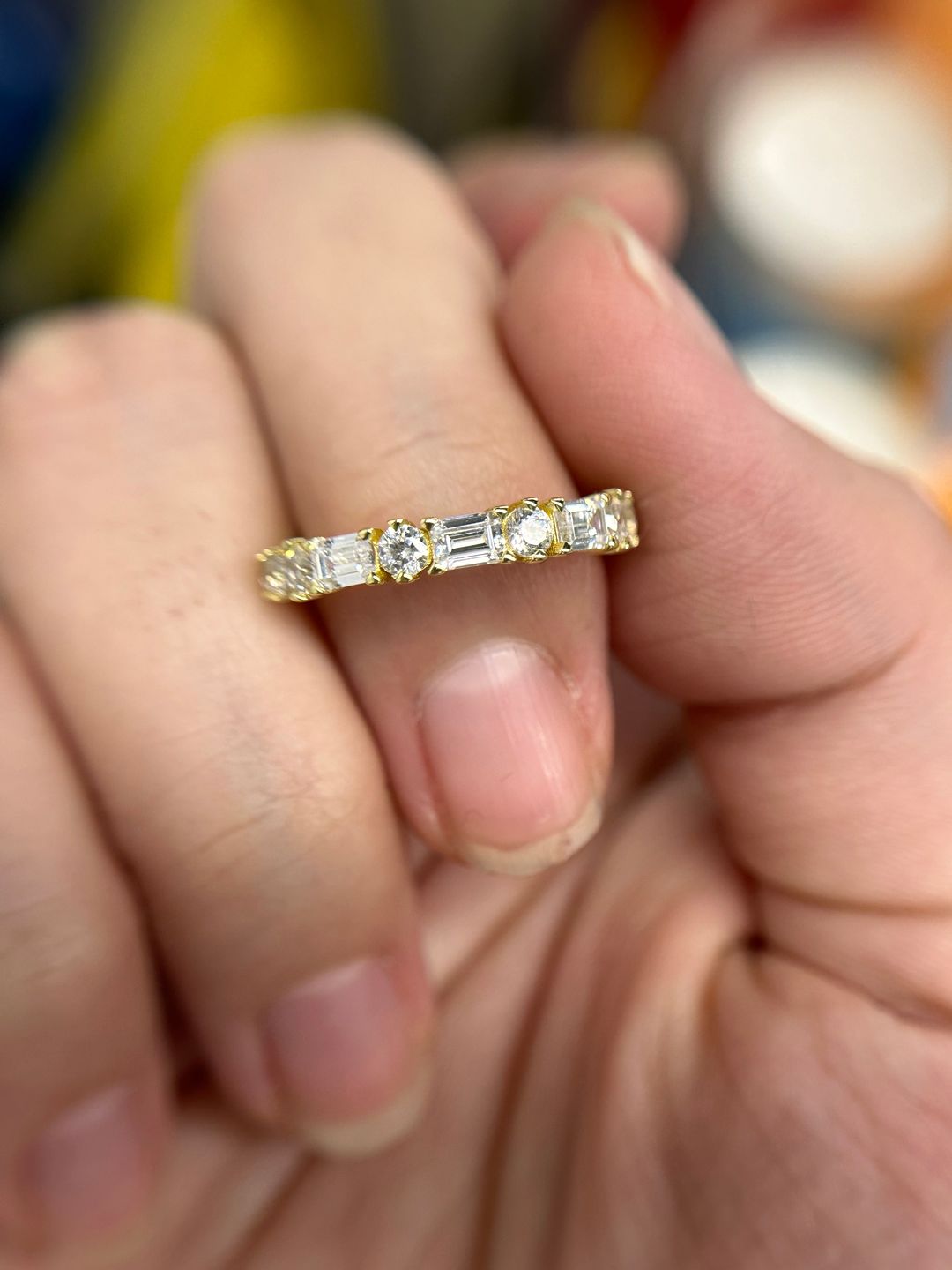 Customer photo review of S925 1.5 Ct Fashion Yellow Gold Half Emerald & Round Cut Wedding Band In Sterling Silver