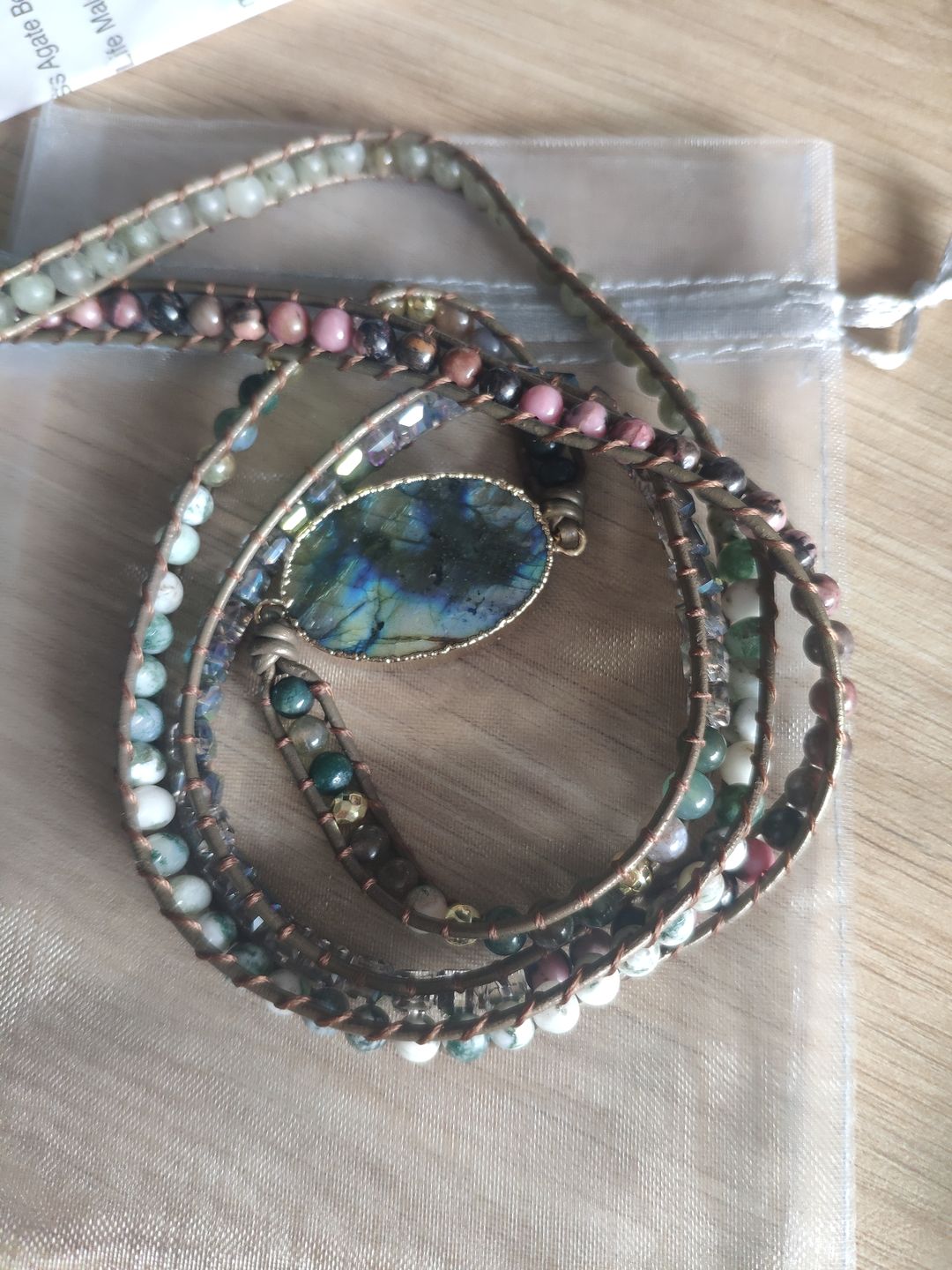 Customer photo review of Natural Labradorite Rhodochrosite & Moss Agate Beaded Wrap Bracelet