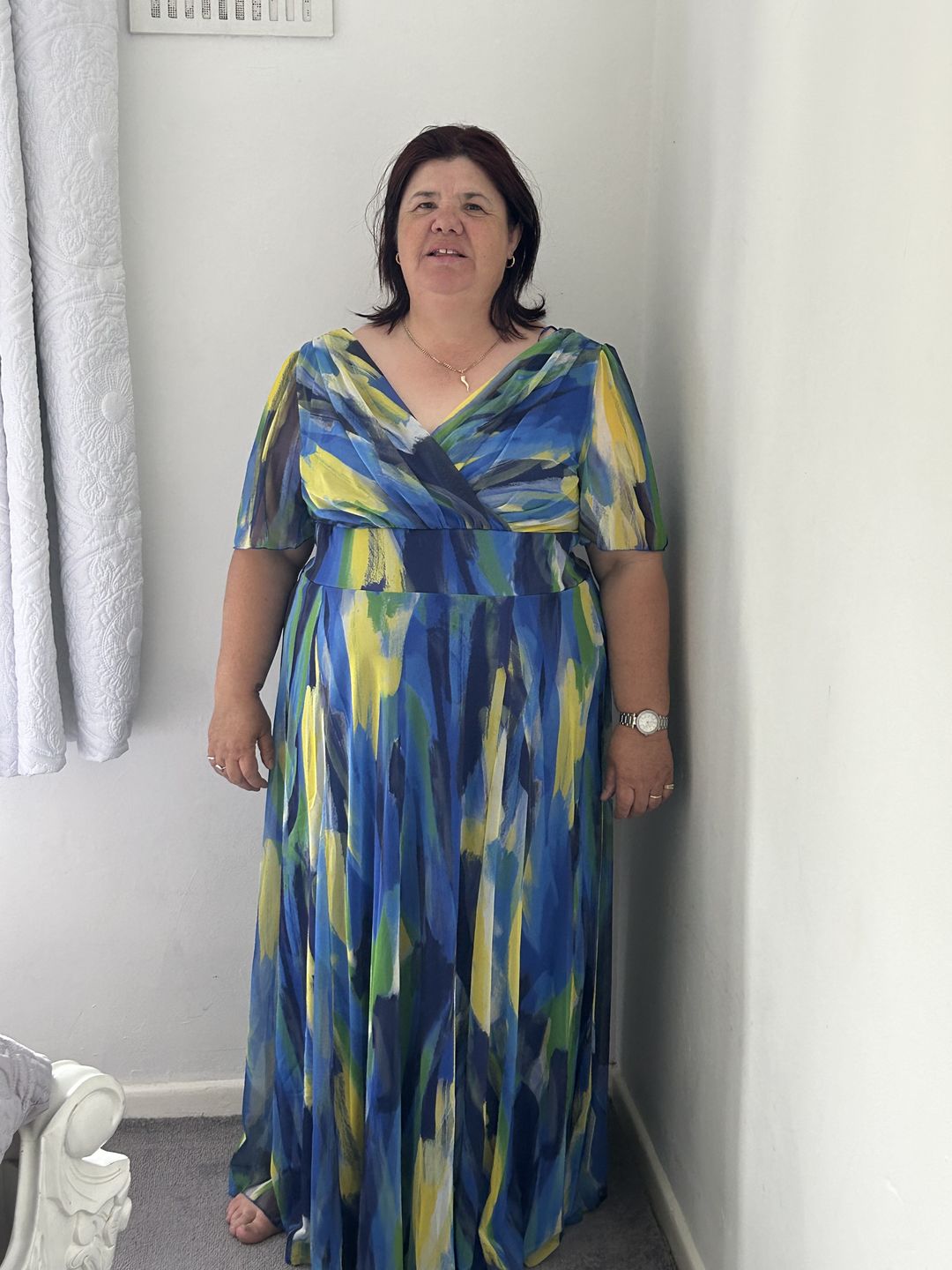Customer photo review of Isabelle Blue Yellow Float Sleeve Maxi Dress