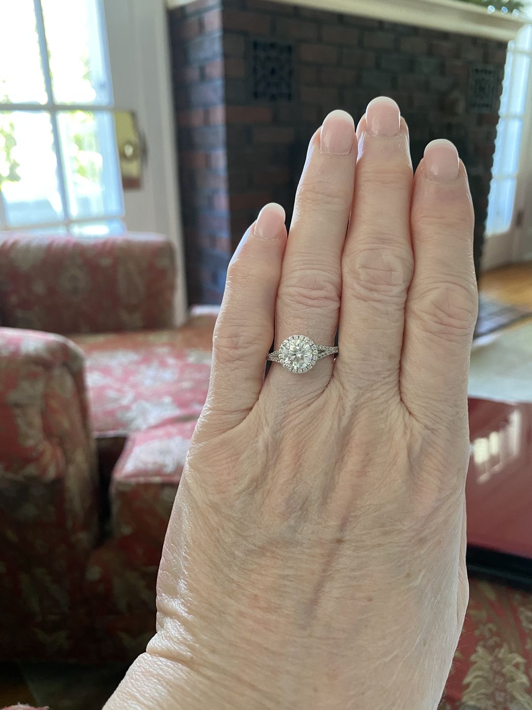 Customer photo review of Round Moissanite Split Shank Halo Pave Sterling Silver Wedding Ring
