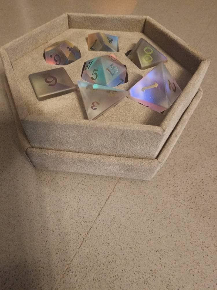 Customer photo review of Gemstone (Inked) Raised Dichroic Glass Polyhedral Dice (With Box) DND Set