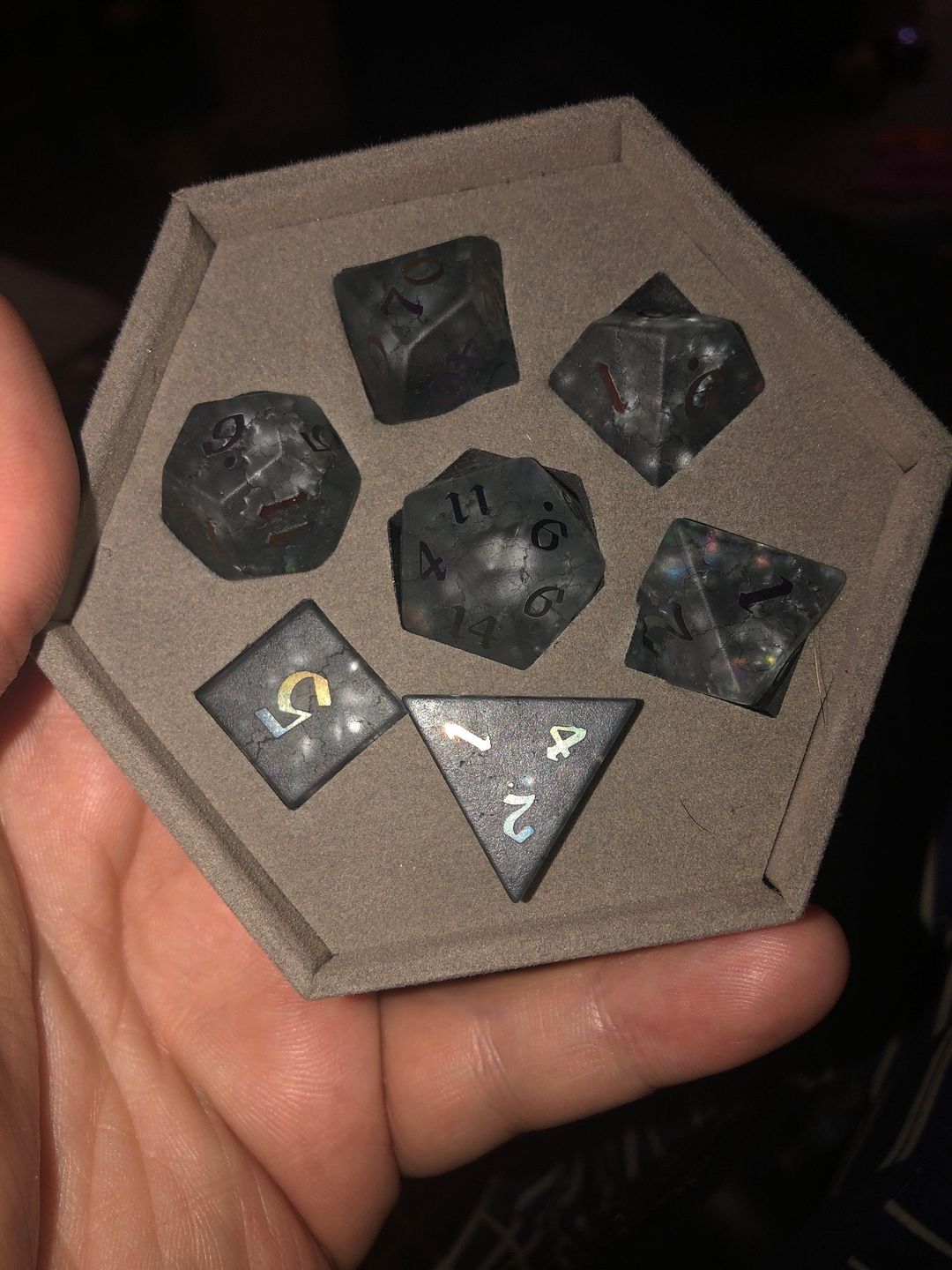 Customer photo review of Black Inked Lightning Glass Cracked Glass (And Box) Polyhedral Dice DND Set - RPG Game DND