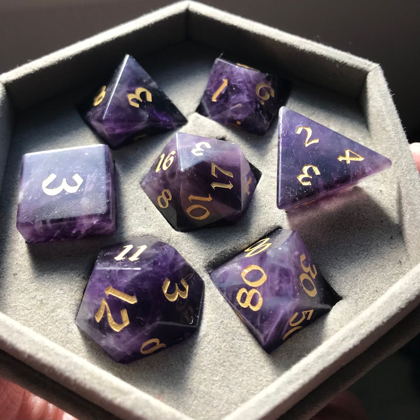Customer photo review of Gemstone Amethyst Dice (With Box) Hand Carved Polyhedral Dice DND Set - Gift For Dnd, RPG Game