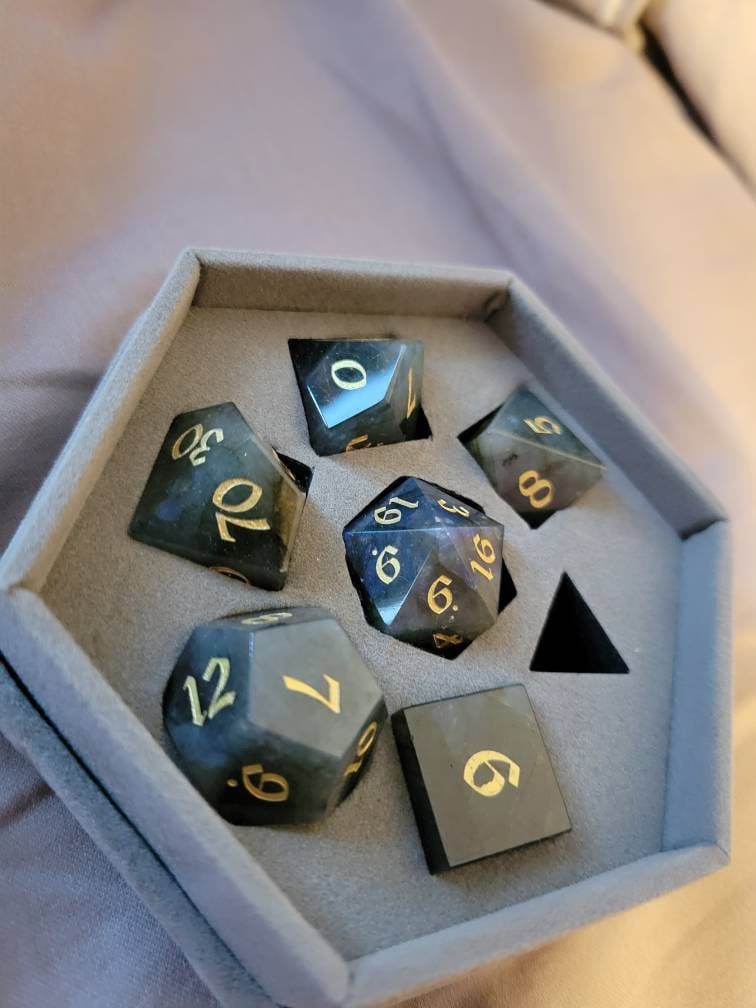 Customer photo review of Labradorite Gemstone Dice (And Box) Polyhedral Dice DND Set