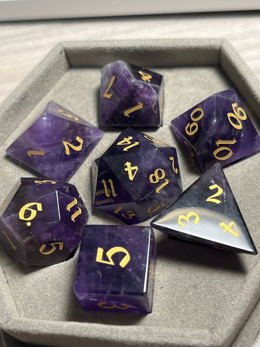 Customer photo review of Gemstone Amethyst Dice (With Box) Hand Carved Polyhedral Dice DND Set - Gift For Dnd, RPG Game