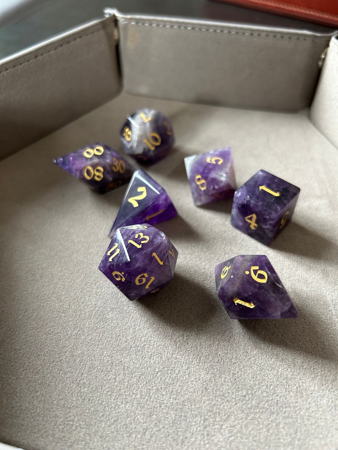 Customer photo review of Gemstone Amethyst Elven Cut Polyhedral Dice (With Box) DnD Set - RPG Game DND MTG Game