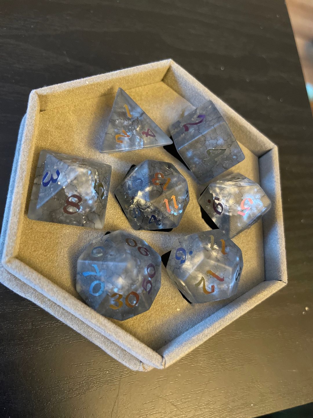 Customer photo review of Black Inked Lightning Glass Cracked Glass (And Box) Polyhedral Dice DND Set - RPG Game DND