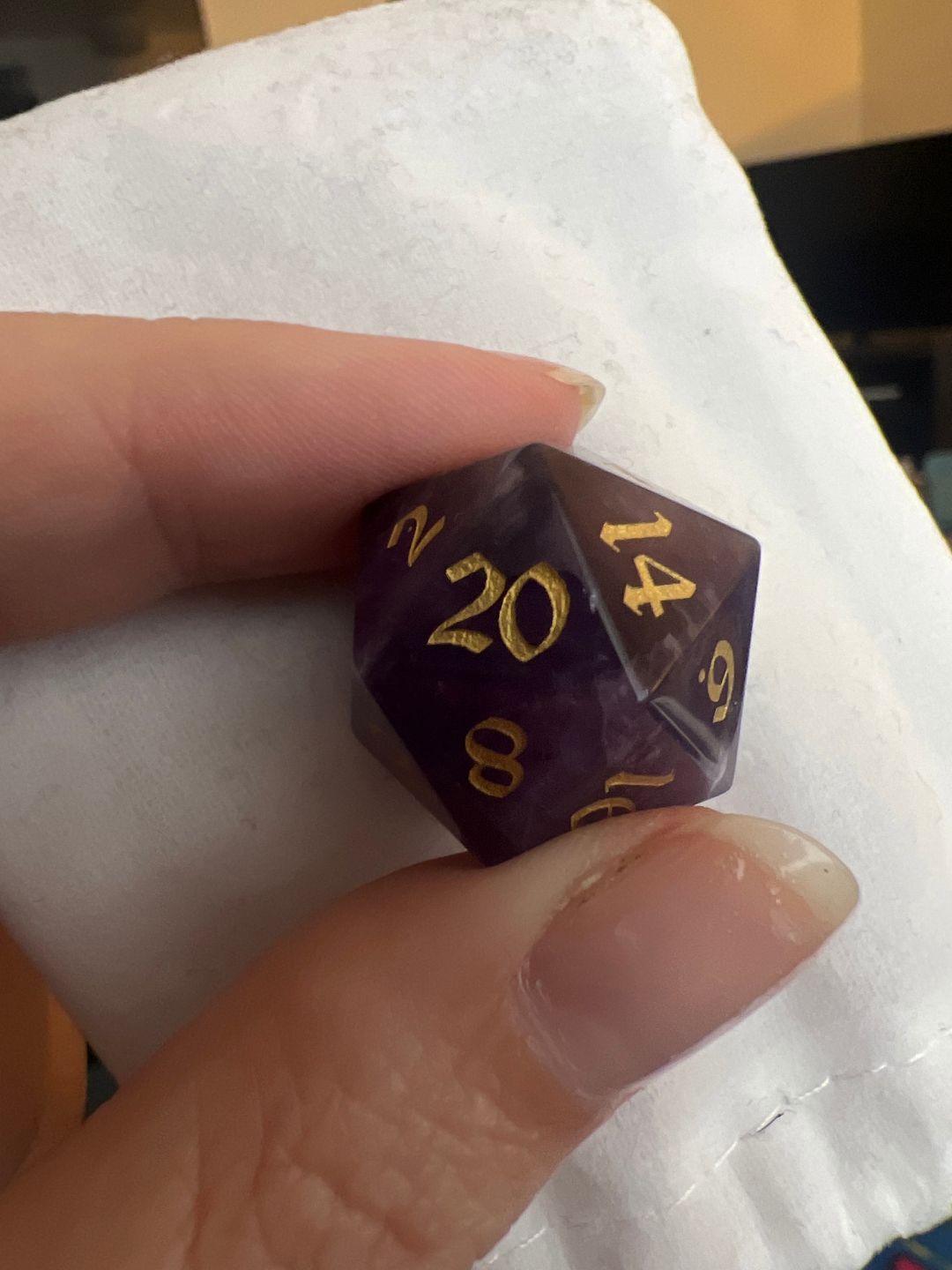 Customer photo review of Gemstone Amethyst Dice (With Box) Hand Carved Polyhedral Dice DND Set - Gift For Dnd, RPG Game