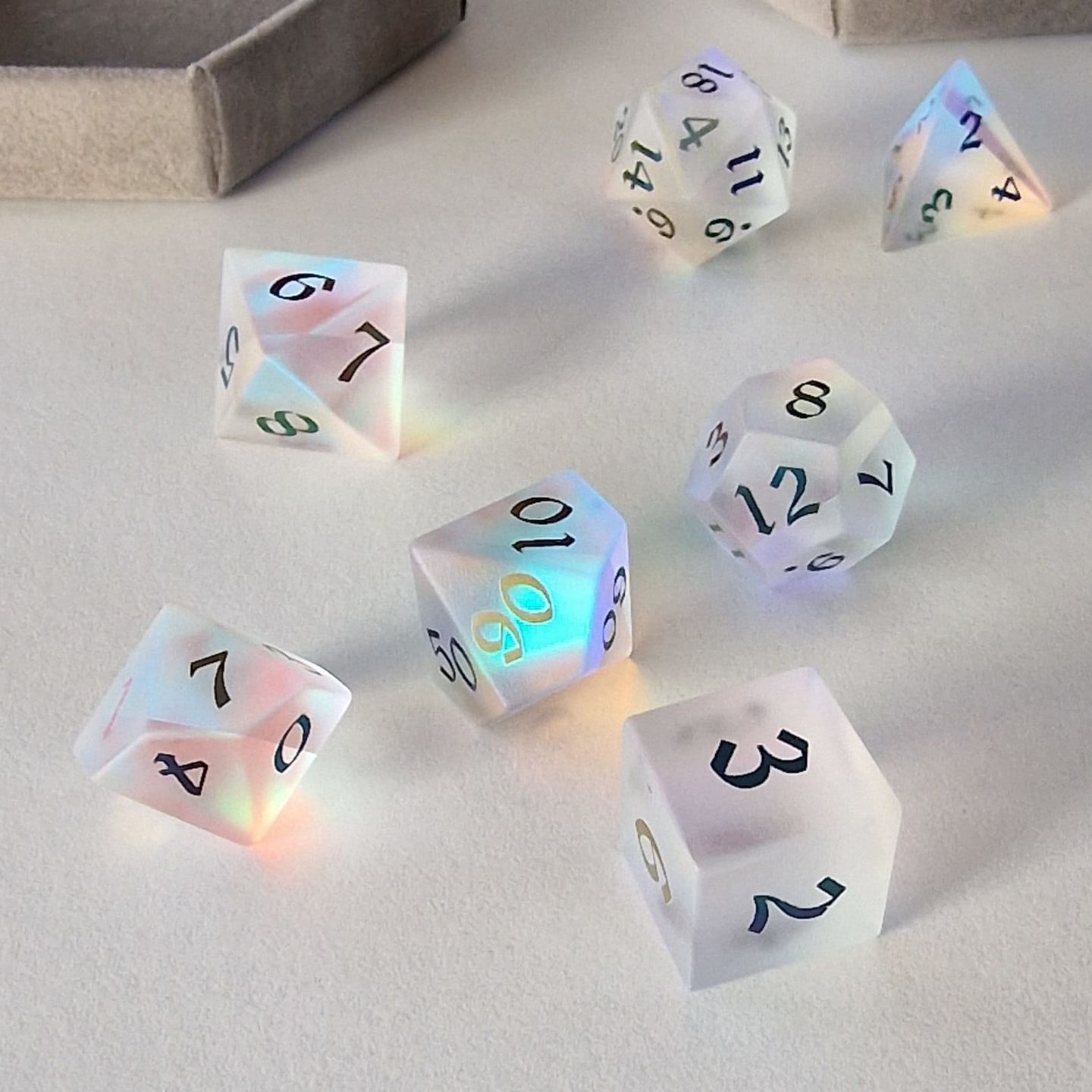Customer photo review of Gemstone (Inked) Raised Dichroic Glass Polyhedral Dice (With Box) DND Set