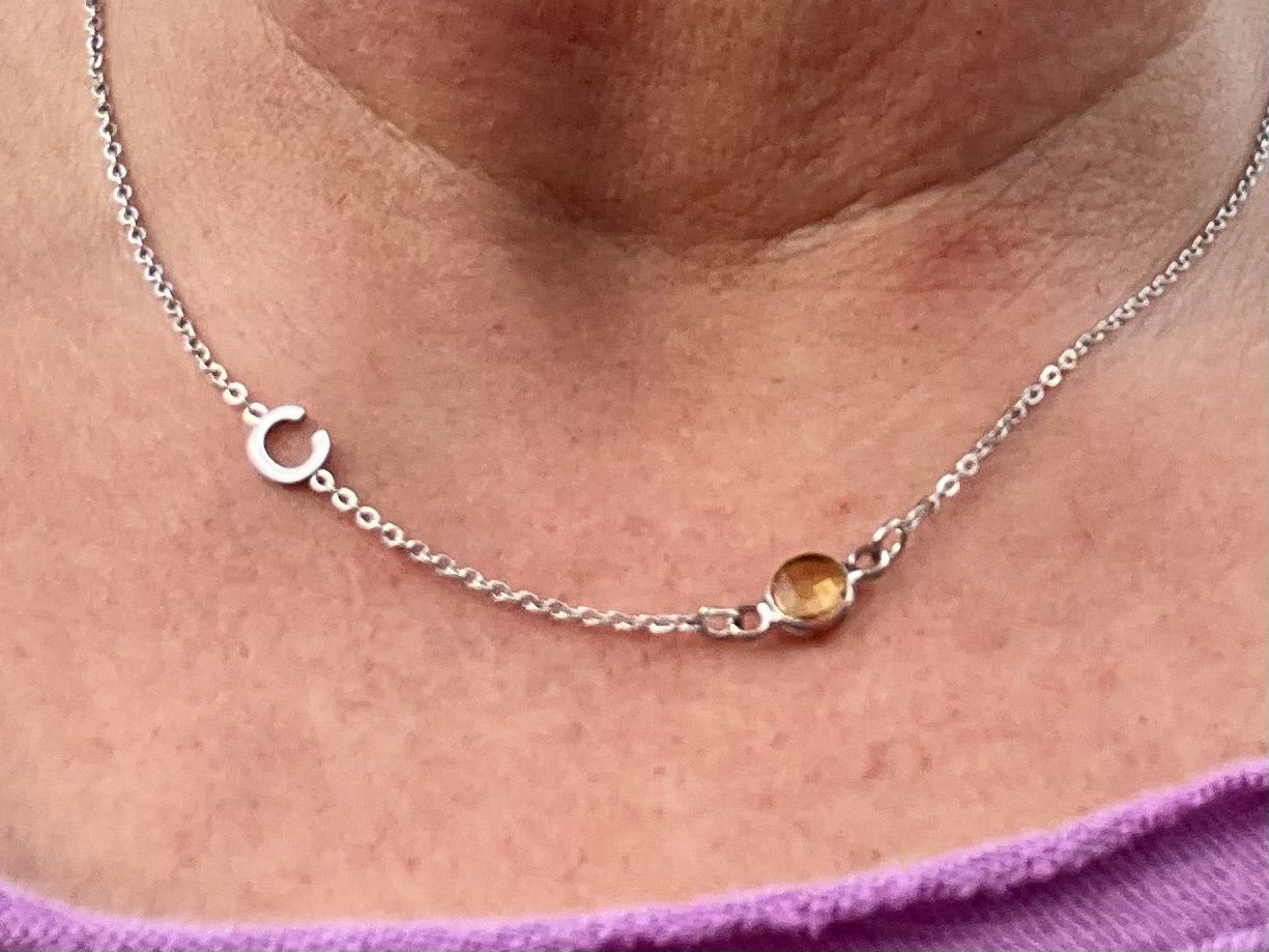 Customer photo review of Birthstone Initial Necklace