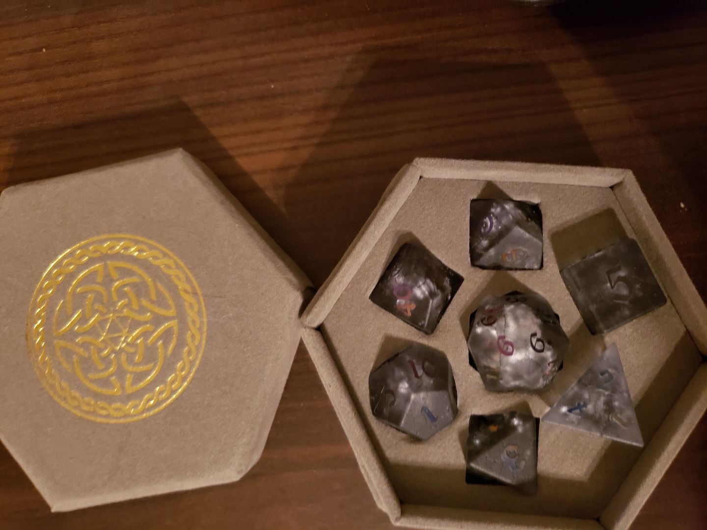 Customer photo review of Black Inked Lightning Glass Cracked Glass (And Box) Polyhedral Dice DND Set - RPG Game DND