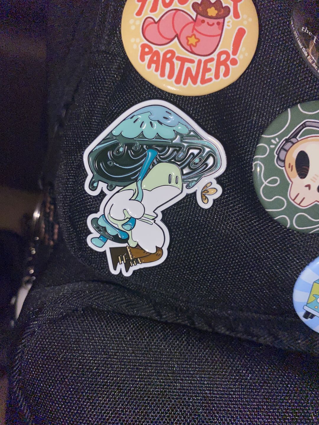 Customer photo review of Blue Mushroom Ghost Enamel Pin 2in