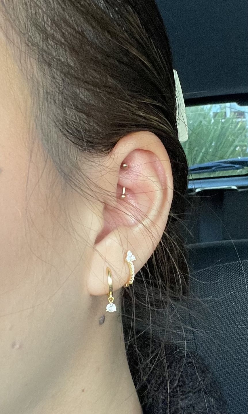 Customer photo review of Solitaire Hoop Huggie Earrings