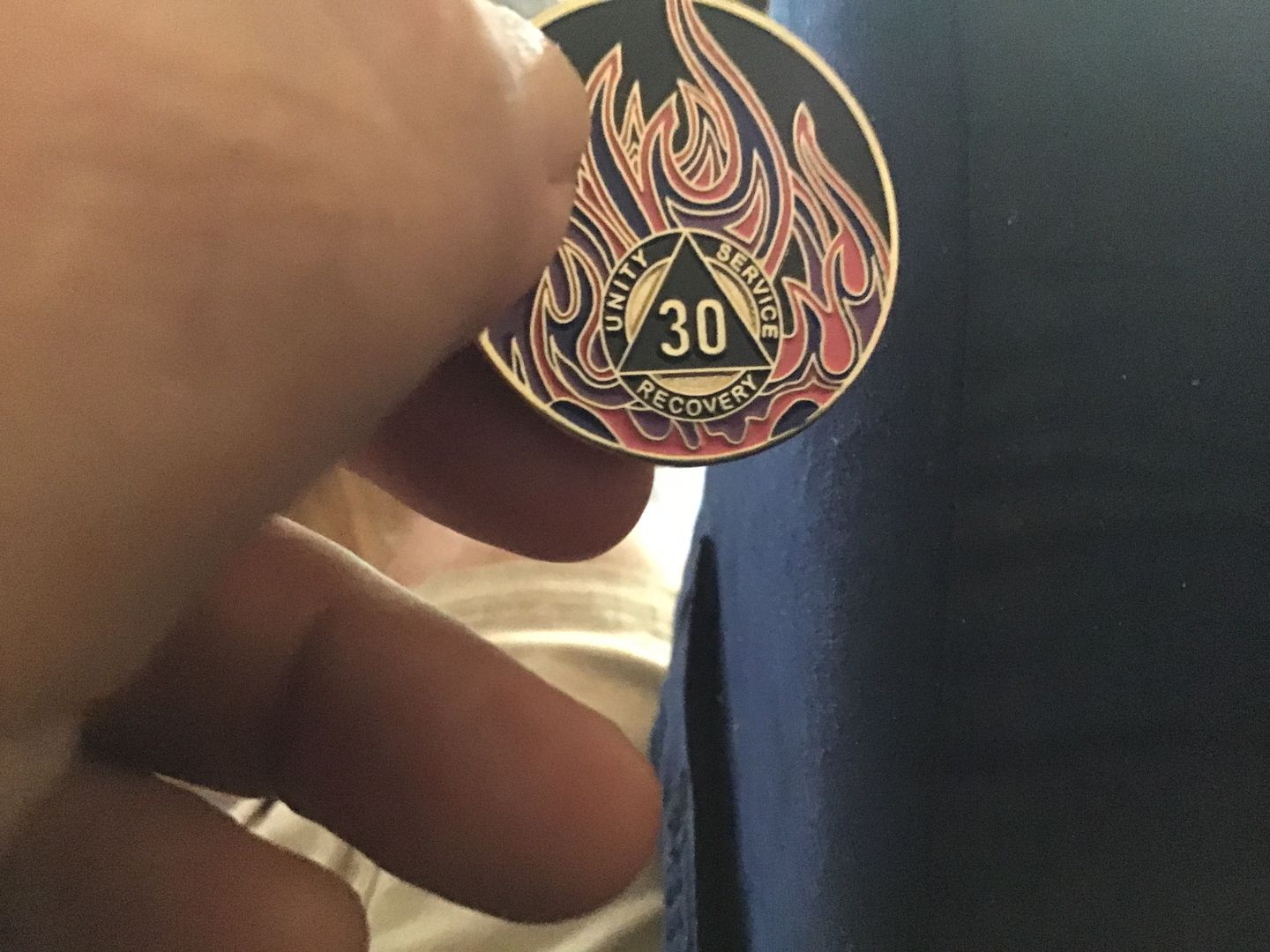 Customer photo review of 1 to 40 Year Sobriety Mint Twisted Flames Gold Plated AA Recovery Medallion/Chip/Coin - Black/Pink/Purple/Blue