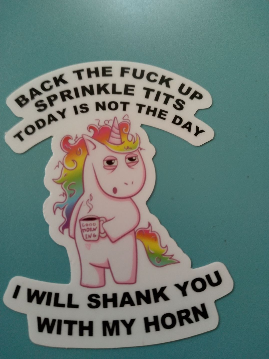 Customer photo review of Vulgar Unicorn Sticker