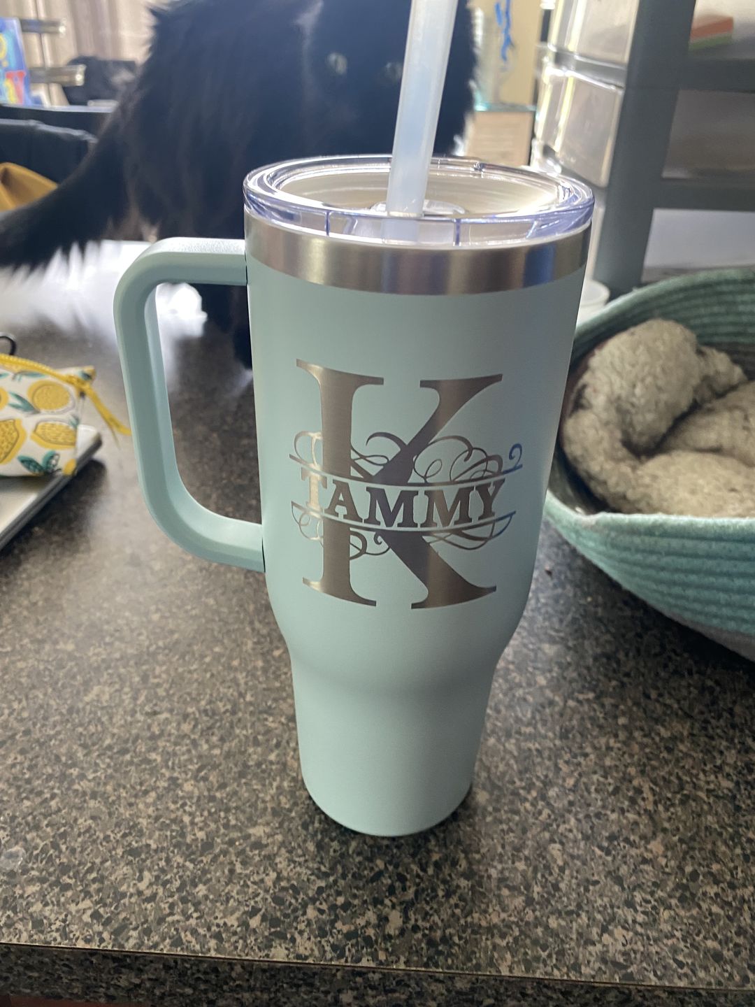 Customer photo review of Personalized Split Monogram 40 oz Tumbler with Handle and Slider Lid