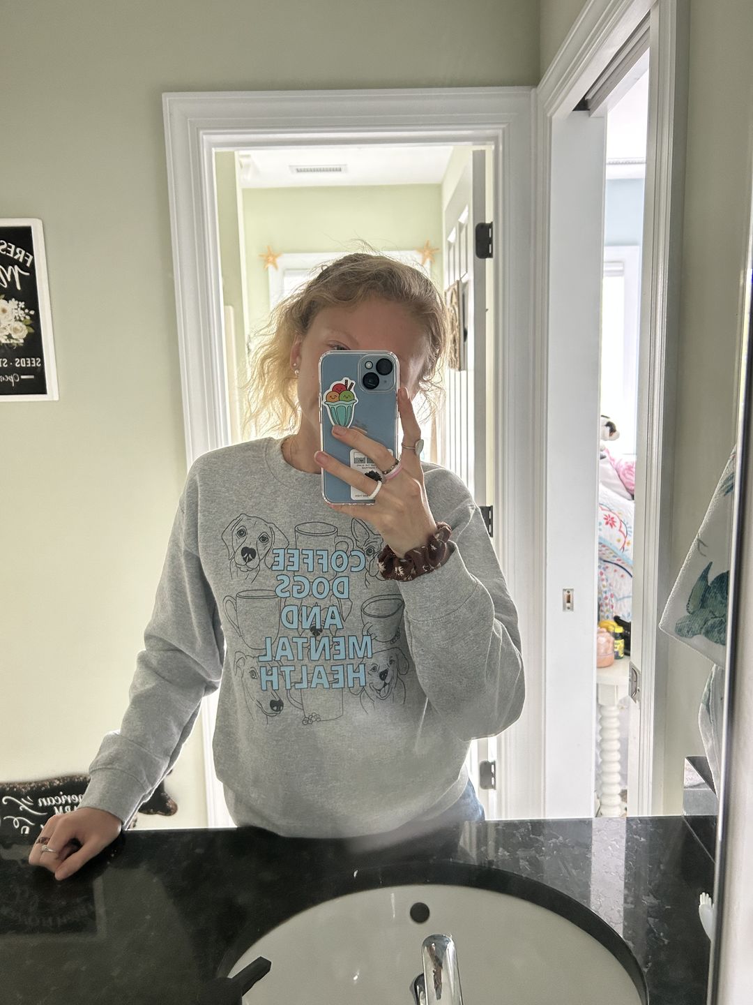 Customer photo review of Coffee Dogs and Mental Health Sketched Sweatshirt