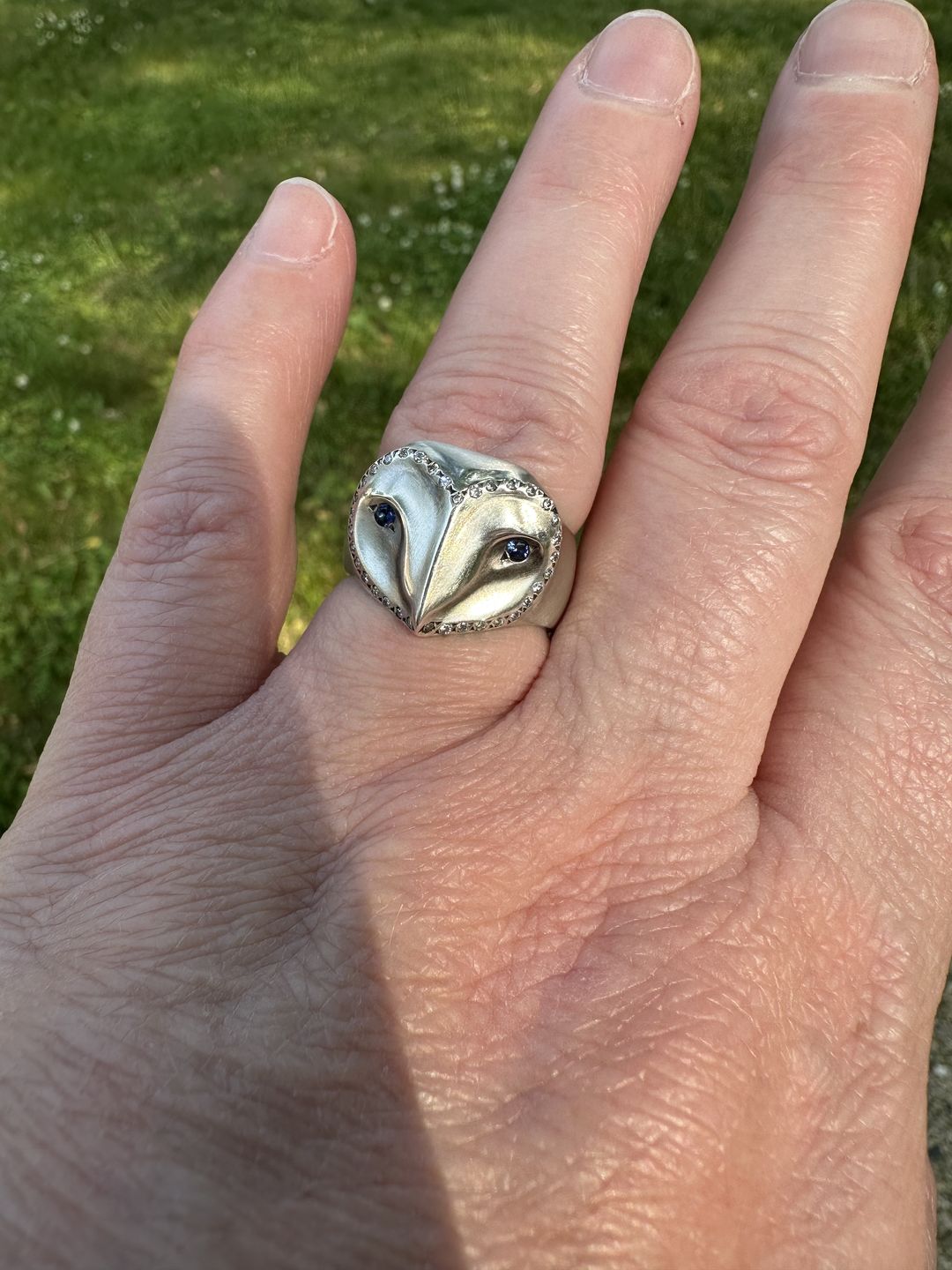 Customer photo review of Barn Owl Ring with Diamonds and Sapphires