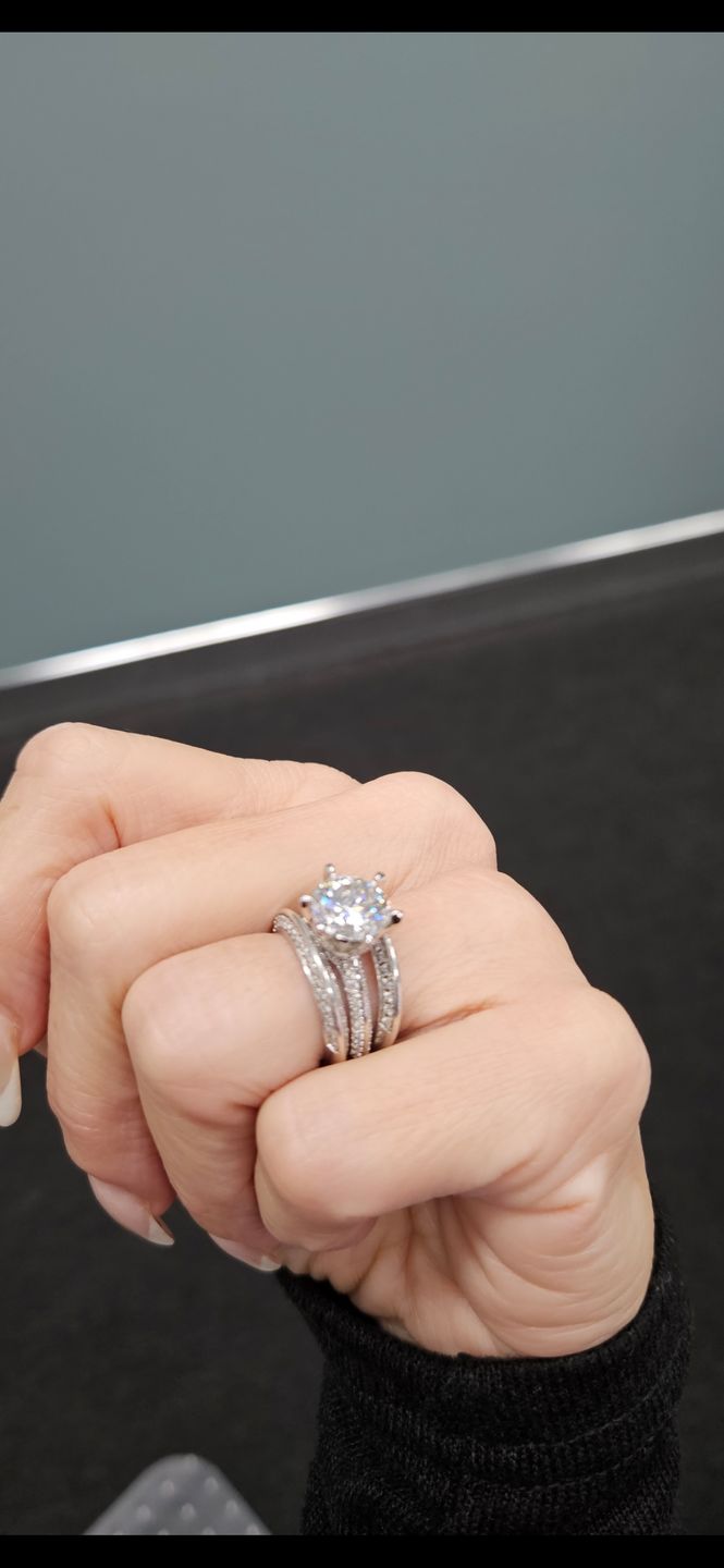 Customer photo review of Knife Edge Pave Moissanite Sterling Silver Engagement Ring