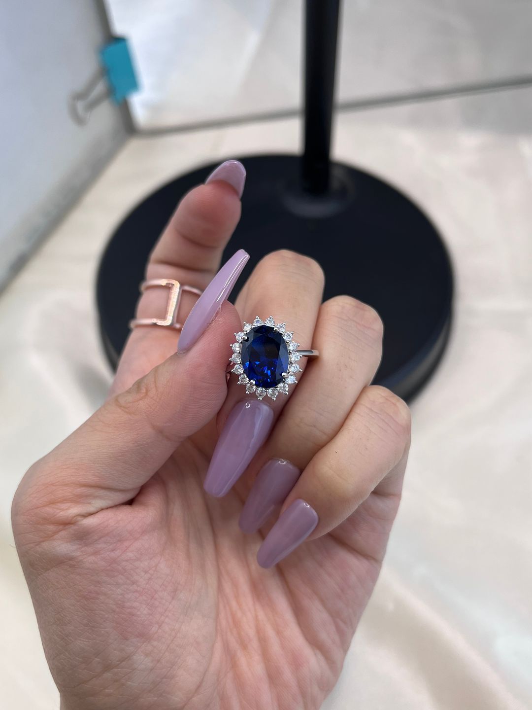 Customer photo review of 4.5 Carat Halo Oval Cut Blue/Red/Green/Yellow Sapphire Engagement Ring In Sterling Silver