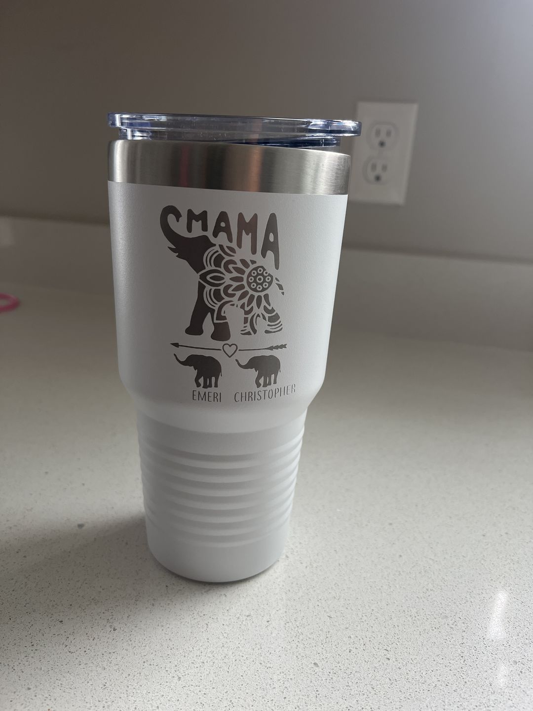 Customer photo review of Elephant Mama (CUSTOM) With Child's Name Engraved Tumblers