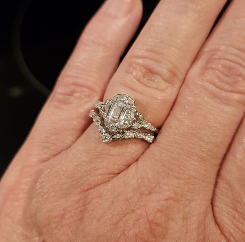 Customer photo review of Halo Wishbone Emerald Cut CZ Ring Set in Sterling Silver