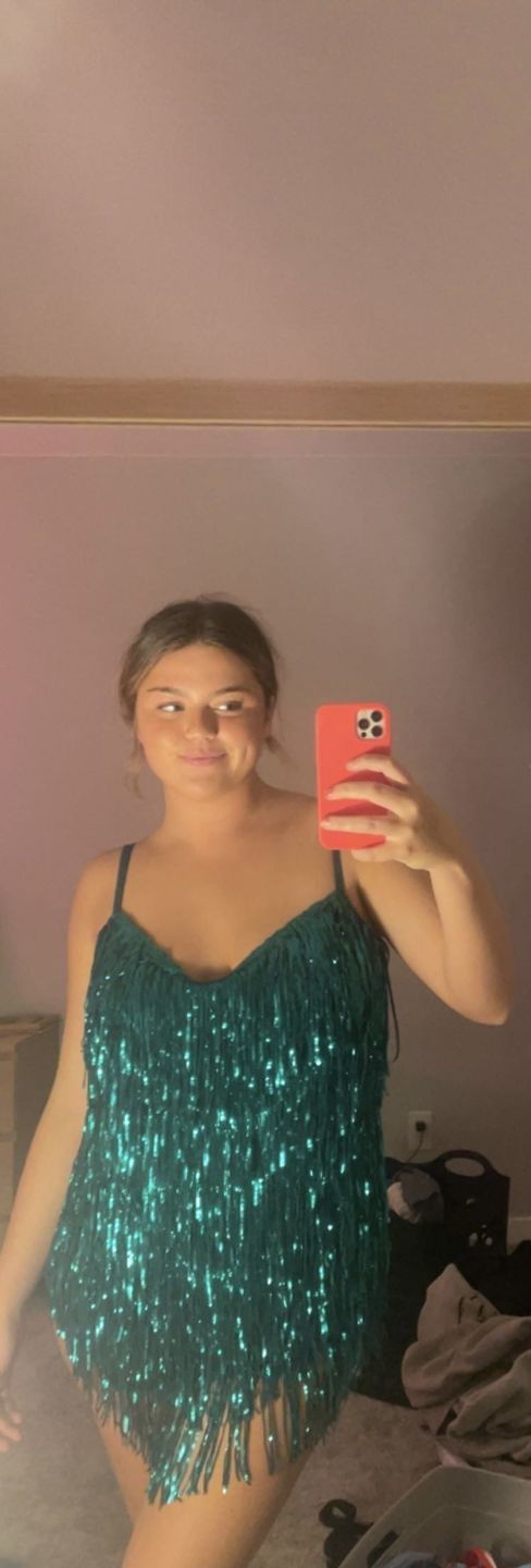 Customer photo review of Shake It My Way Short Fringe Mini Dress