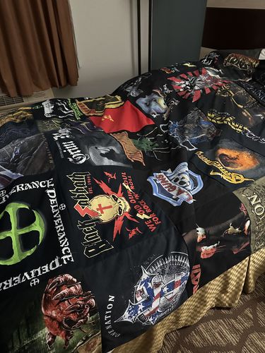 T-shirt quilt with music, heavy metal themes by Lisa from IL
