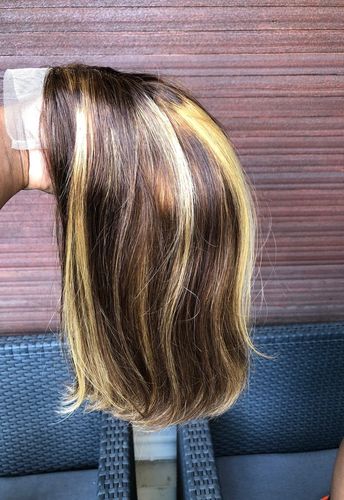Customer photo review of 200% Honey Brown Highlights Colored Lace Frontal Bob Wig